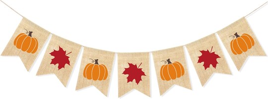 Greentek; Burlap Pumpkin & Maple Leaves Fall Banner Garland – 8.2FT Thanksgiving Autumn Harvest Hanging Bunting Sign for Home, Party, Fireplace, Wall & Photo Backdrop Decor; Category:Banners; Image:1